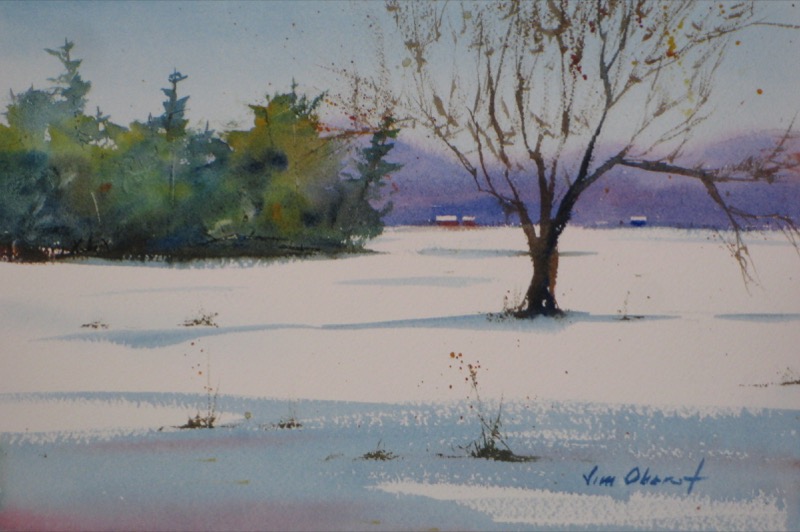 landscape, winter, snow, cold, original watercolor painting, oberst